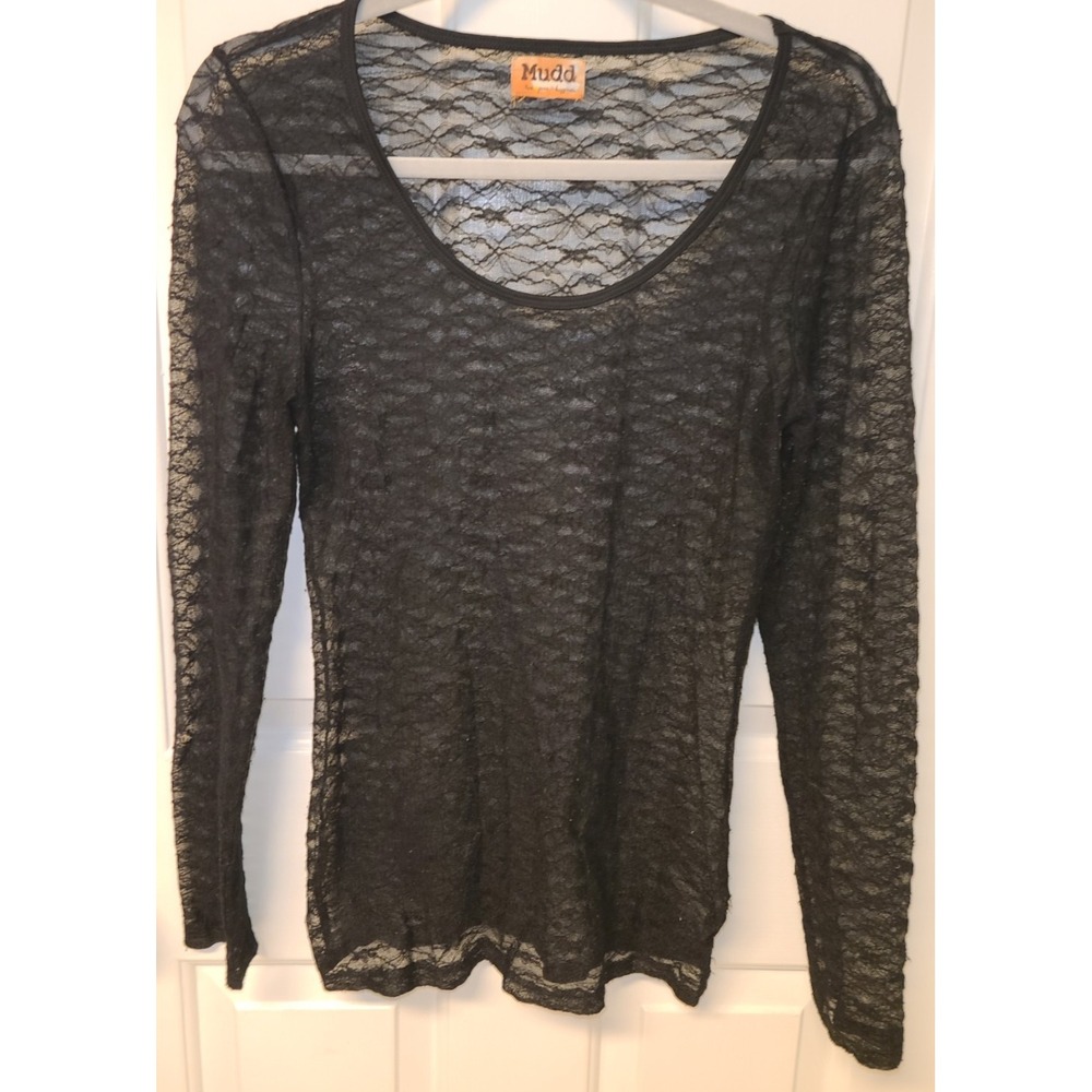VTG Mudd Y2K Black Lace Long Sleeve Sheer Cyber Goth Whimsigoth Fairy Grunge M‎